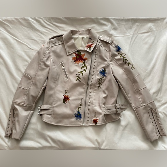 Jackets & Blazers - Faux Leather Embroidered Floral Beige Jacket with studs